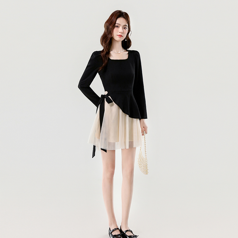 2026 Autumn Square Neck Color Block Mesh Dress - Image 2