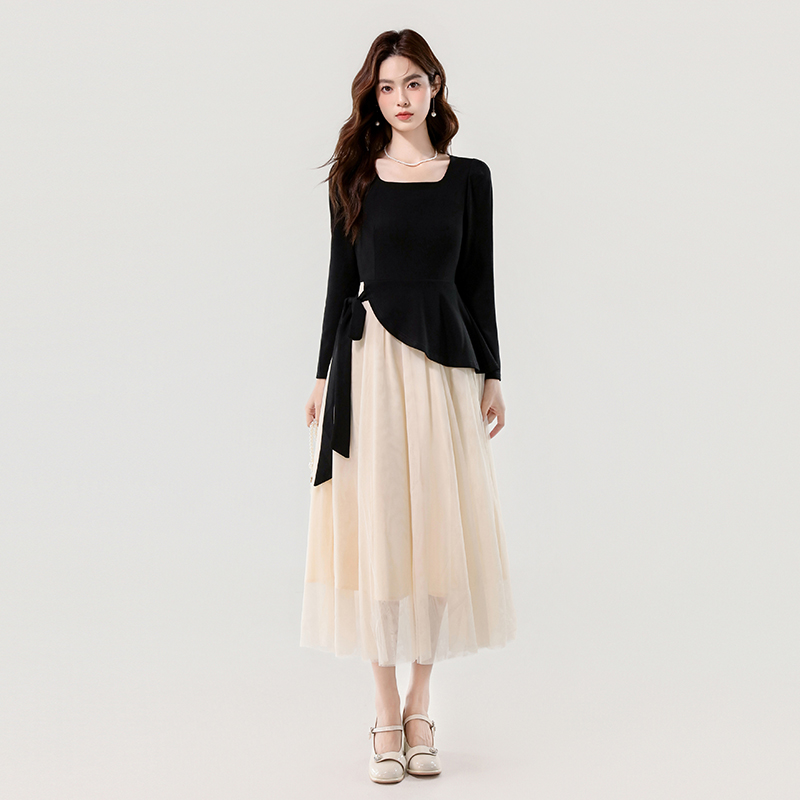 2026 Autumn Square Neck Color Block Mesh Dress - Image 3