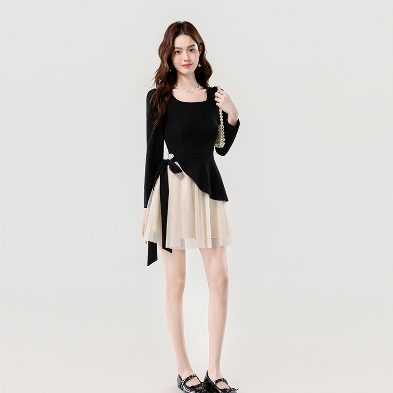 2026 Autumn Square Neck Color Block Mesh Dress - Image 5