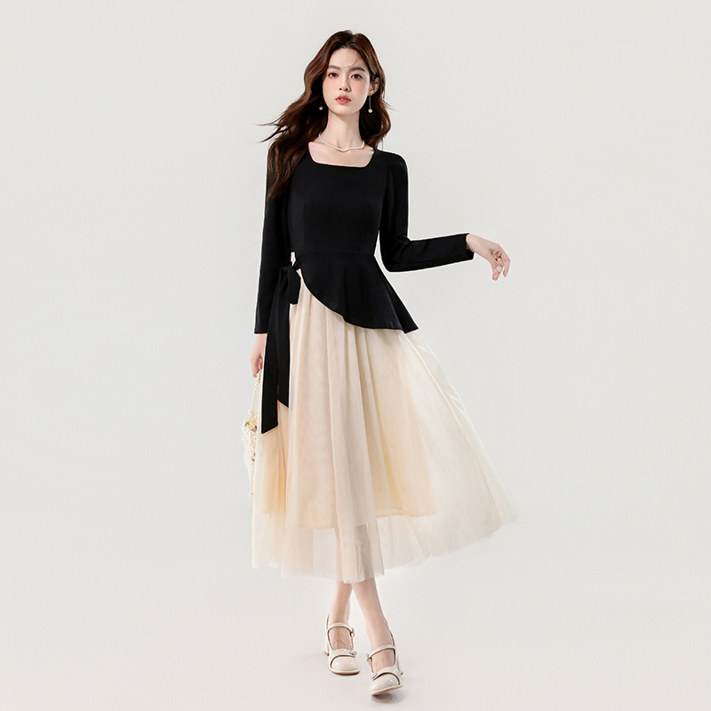 2026 Autumn Square Neck Color Block Mesh Dress