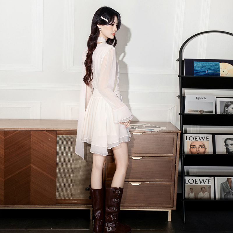 2026 Spring French Style Ruffle Long Sleeve Chiffon Dress - Image 5