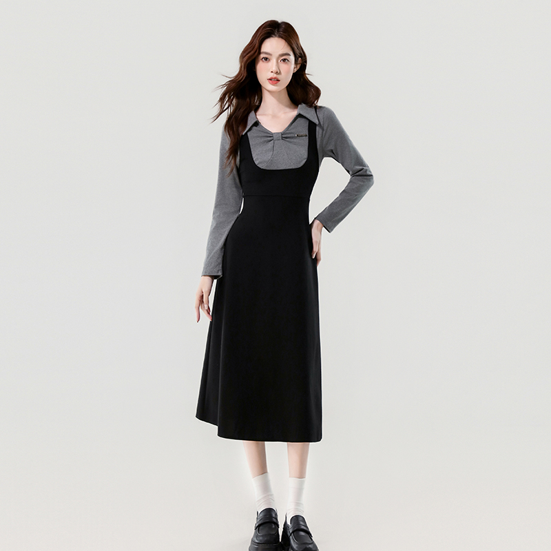 2025 Fall Miu-Style Preppy Colorblock Stretch Knit A-Line Slimming Long Dress