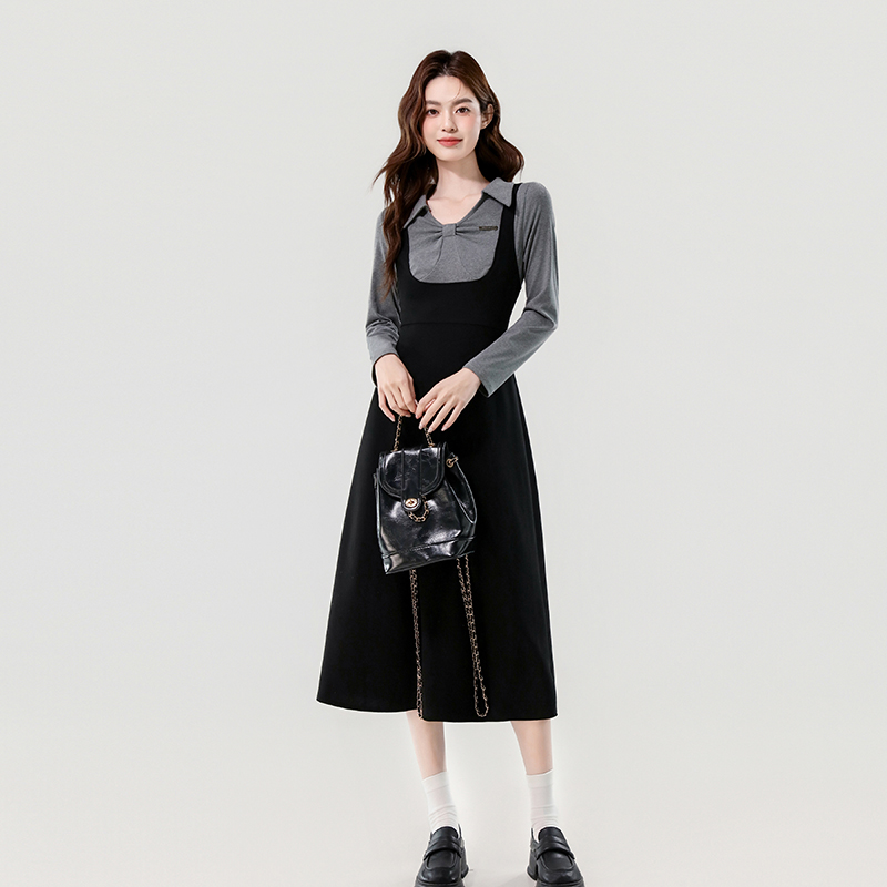 2025 Fall Miu-Style Preppy Colorblock Stretch Knit A-Line Slimming Long Dress - Image 2
