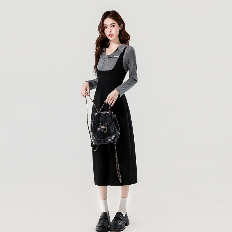 2025 Fall Miu-Style Preppy Colorblock Stretch Knit A-Line Slimming Long Dress - Image 4