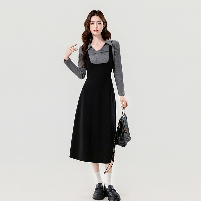 2025 Fall Miu-Style Preppy Colorblock Stretch Knit A-Line Slimming Long Dress - Image 3