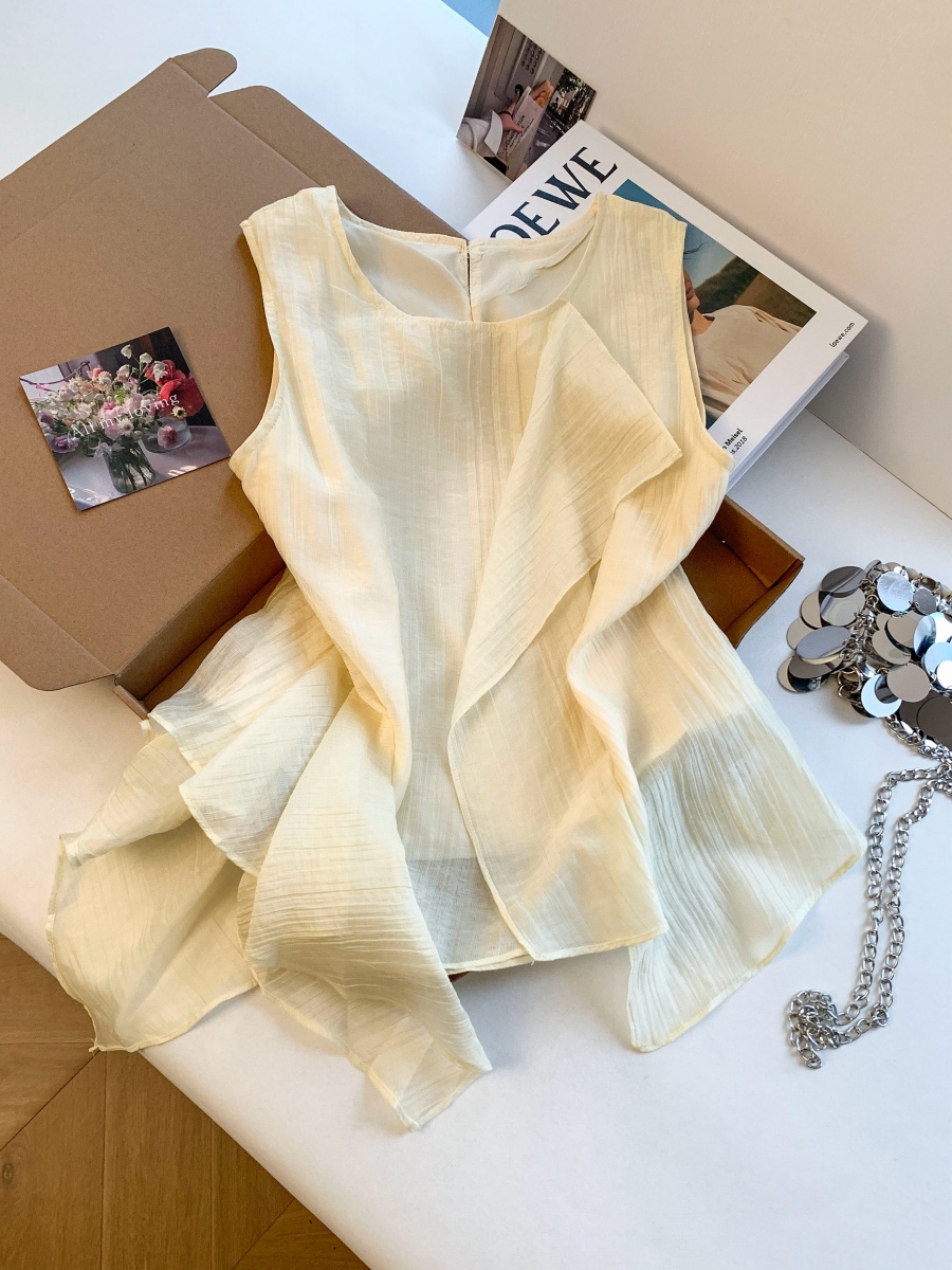 Korean Ruffle Asymmetrical Sleeveless Shirt Women 2026 Summer New Unique Pretty Top