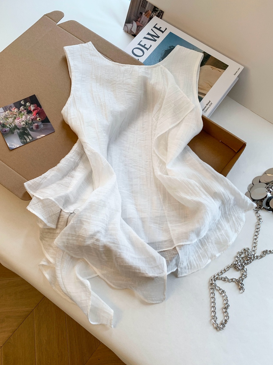 Korean Ruffle Asymmetrical Sleeveless Shirt Women 2026 Summer New Unique Pretty Top - Image 3