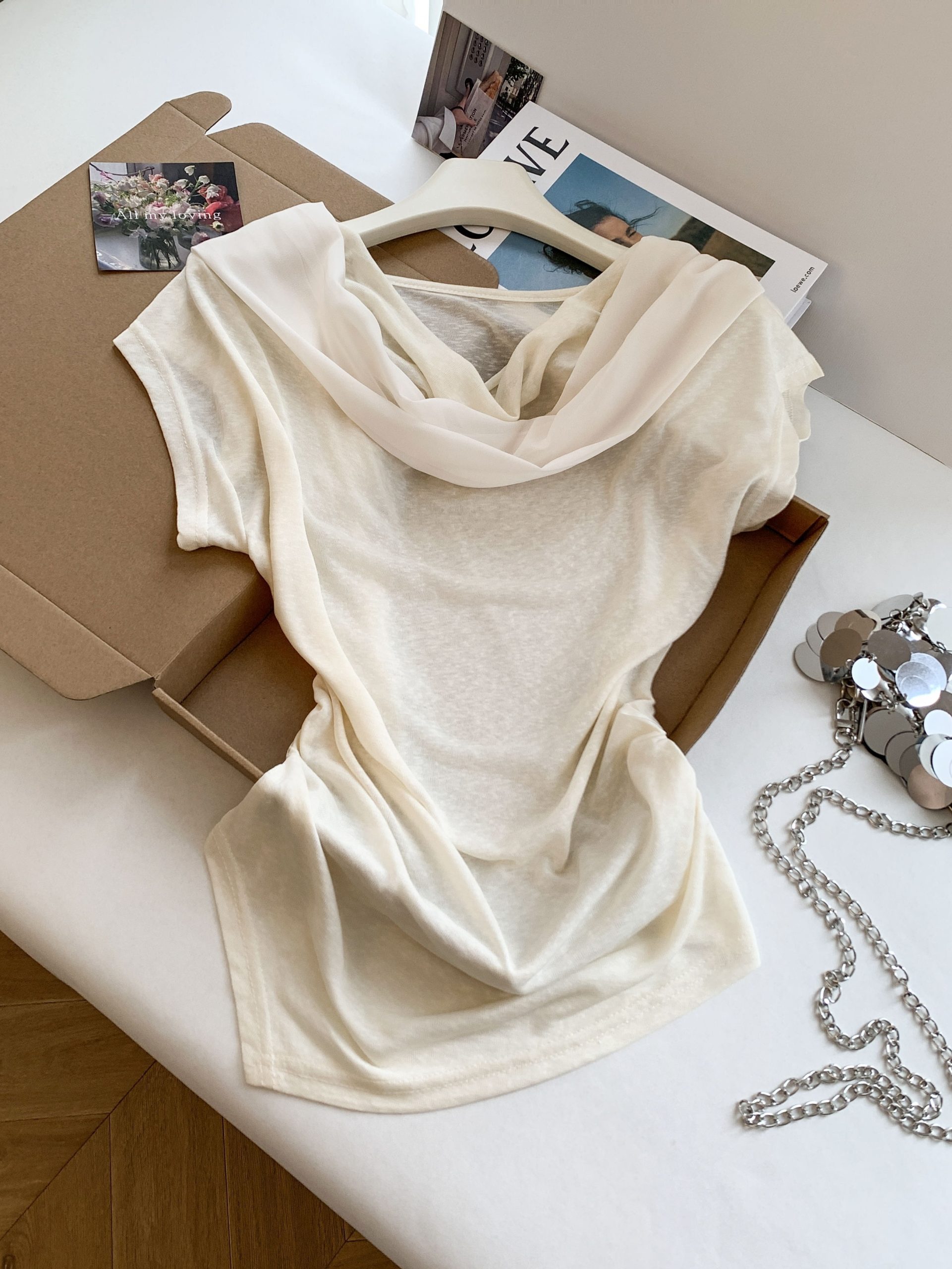 Korean Style Sheer Mesh Ribbon Spliced Slim Fit Draped Neck Sleeveless Top - Image 3