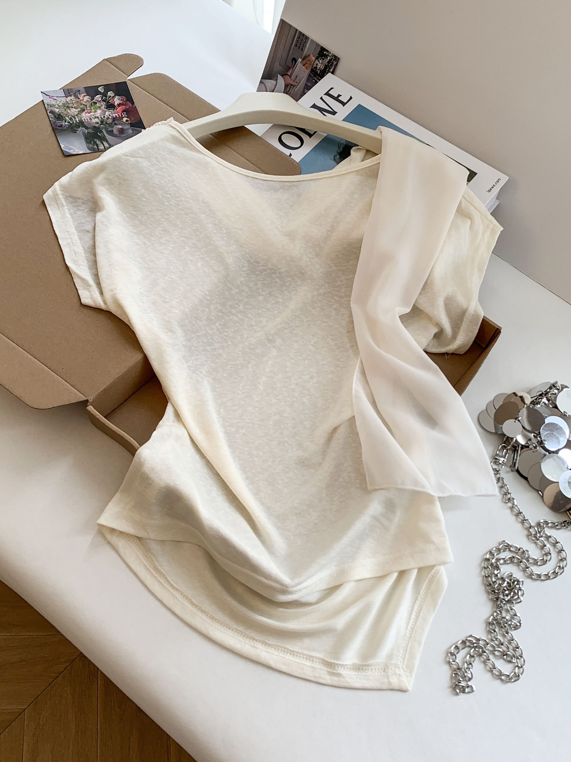 Korean Style Sheer Mesh Ribbon Spliced Slim Fit Draped Neck Sleeveless Top - Image 4