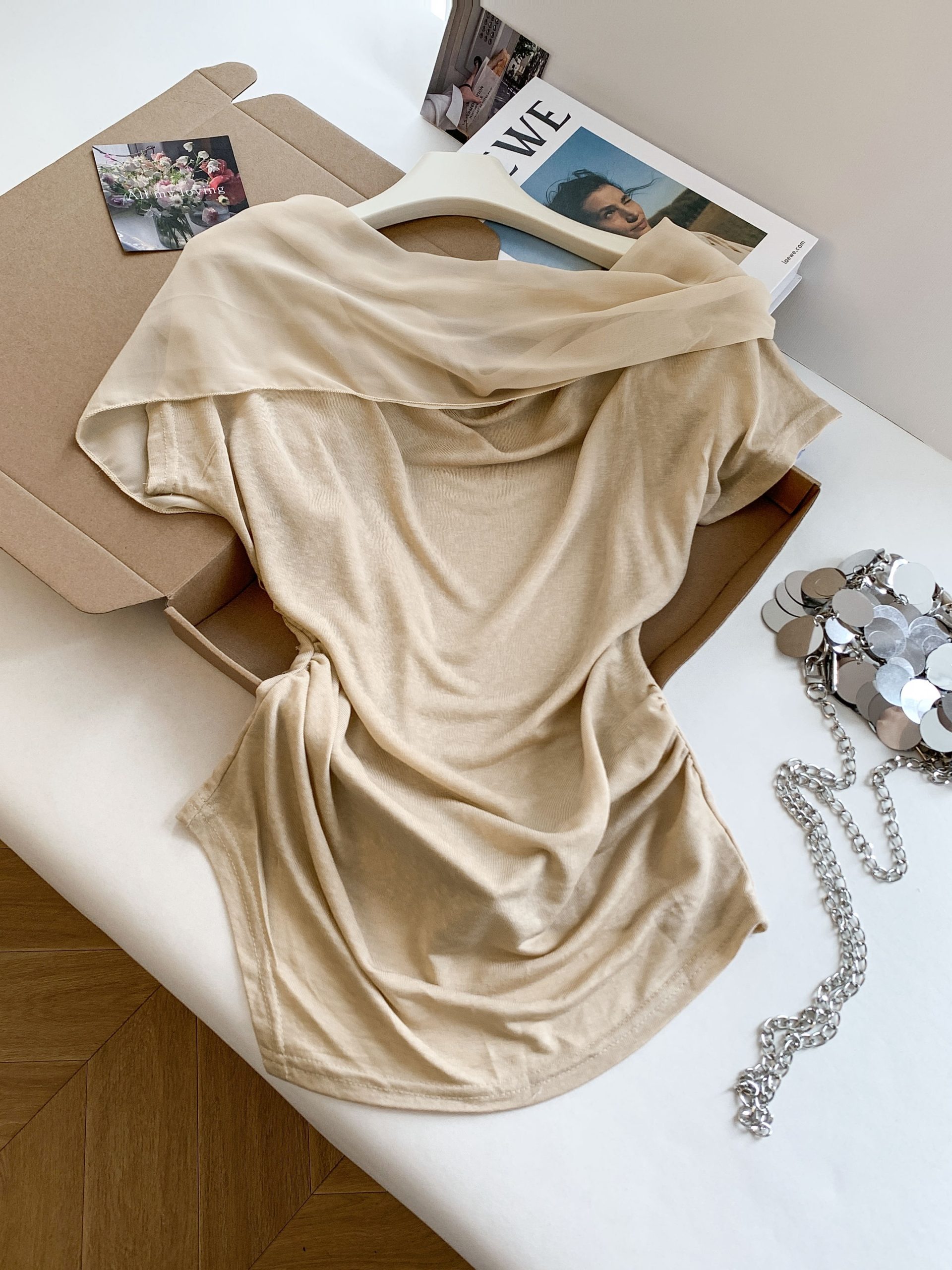 Korean Style Sheer Mesh Ribbon Spliced Slim Fit Draped Neck Sleeveless Top