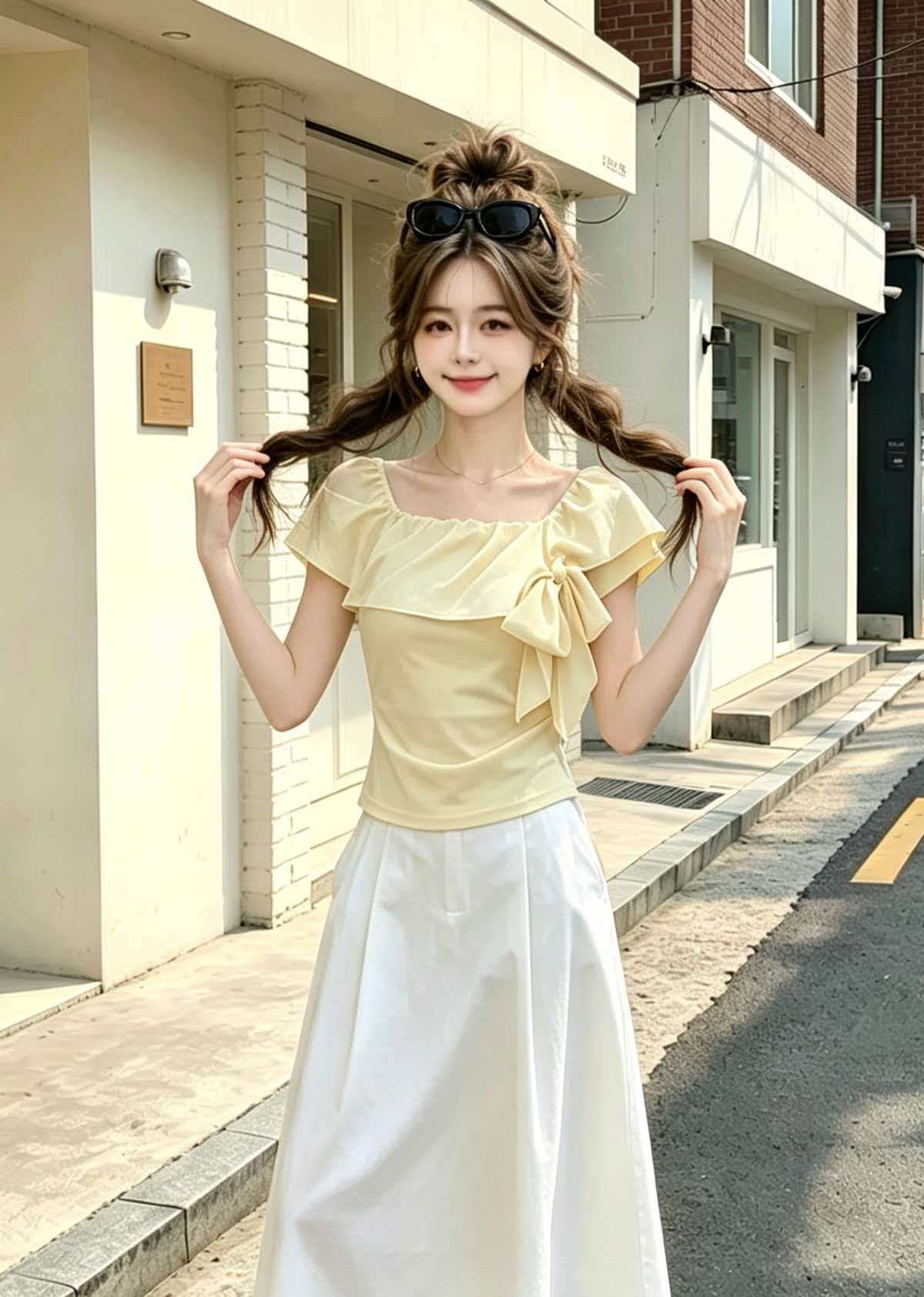 Yellow One-Shoulder Bow Cinched Waist Short Sleeve T-Shirt for Women 2026 Summer - Image 2