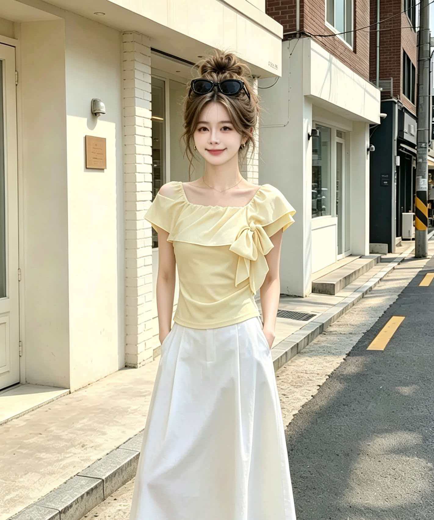 Yellow One-Shoulder Bow Cinched Waist Short Sleeve T-Shirt for Women 2026 Summer