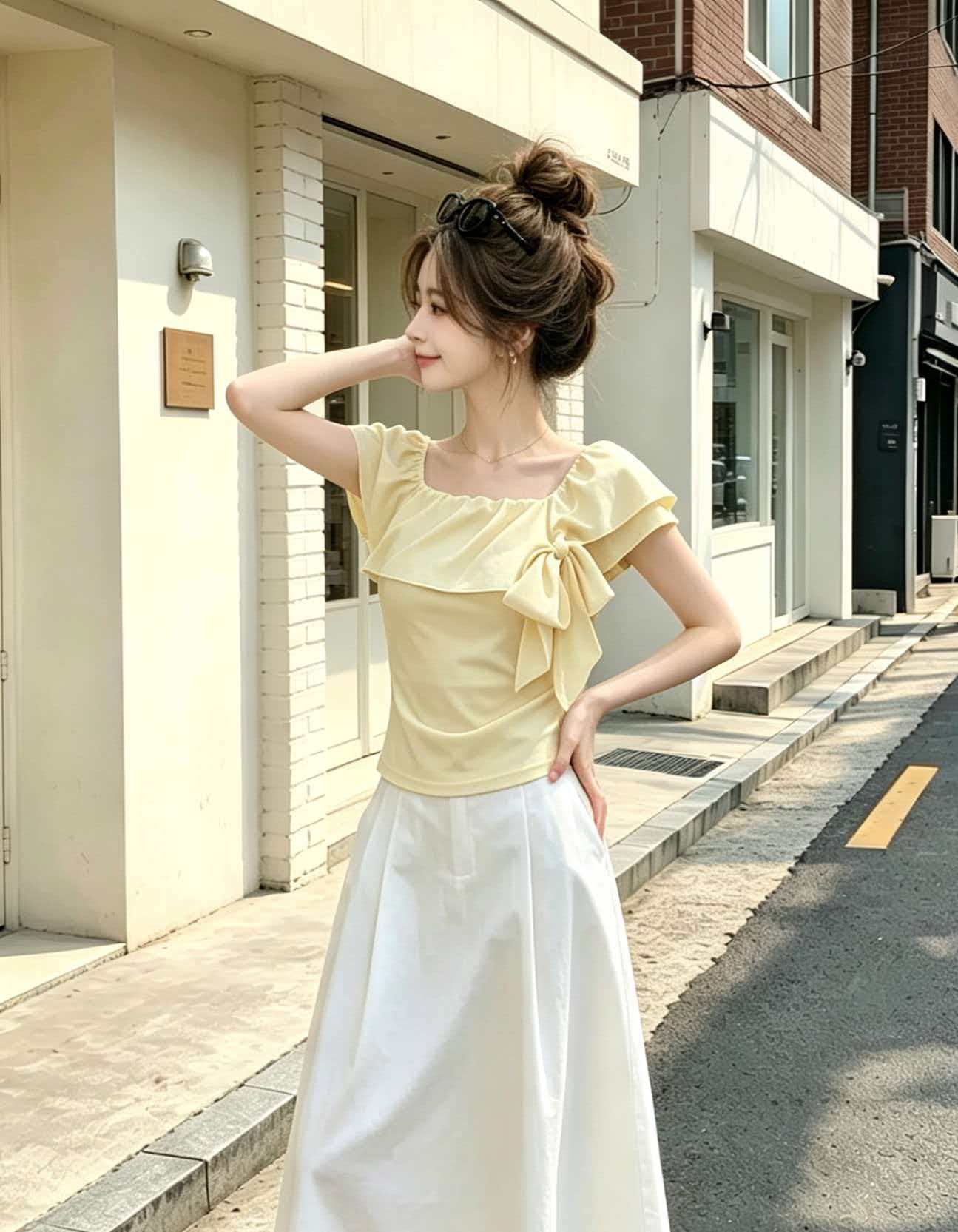 Yellow One-Shoulder Bow Cinched Waist Short Sleeve T-Shirt for Women 2026 Summer - Image 4