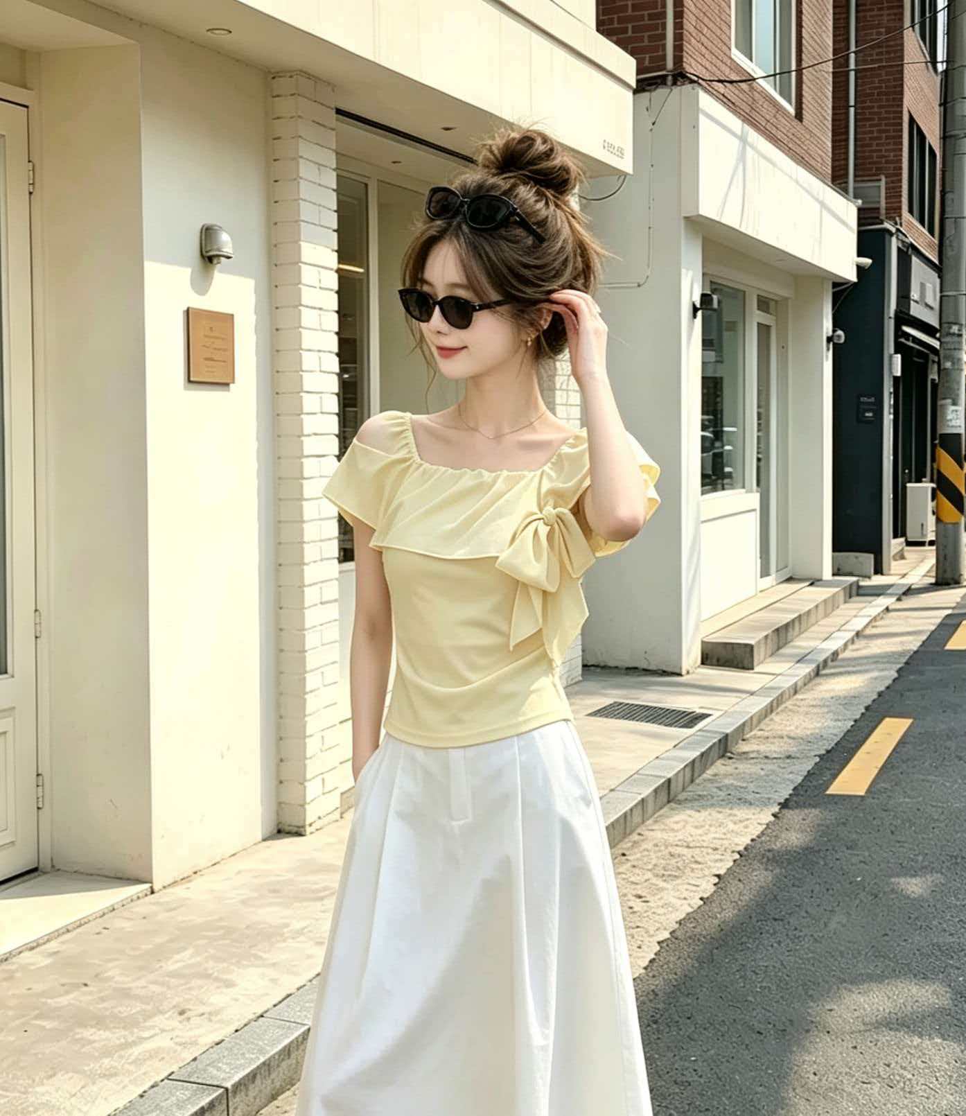 Yellow One-Shoulder Bow Cinched Waist Short Sleeve T-Shirt for Women 2026 Summer - Image 3