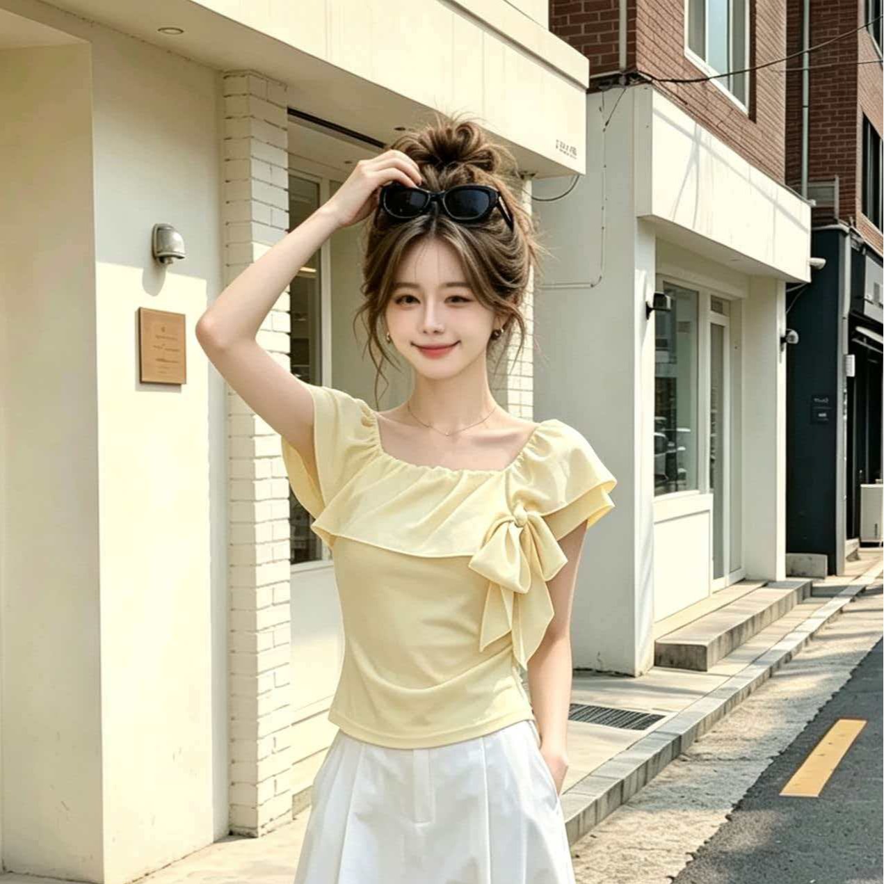 Yellow One-Shoulder Bow Cinched Waist Short Sleeve T-Shirt for Women 2026 Summer - Image 5