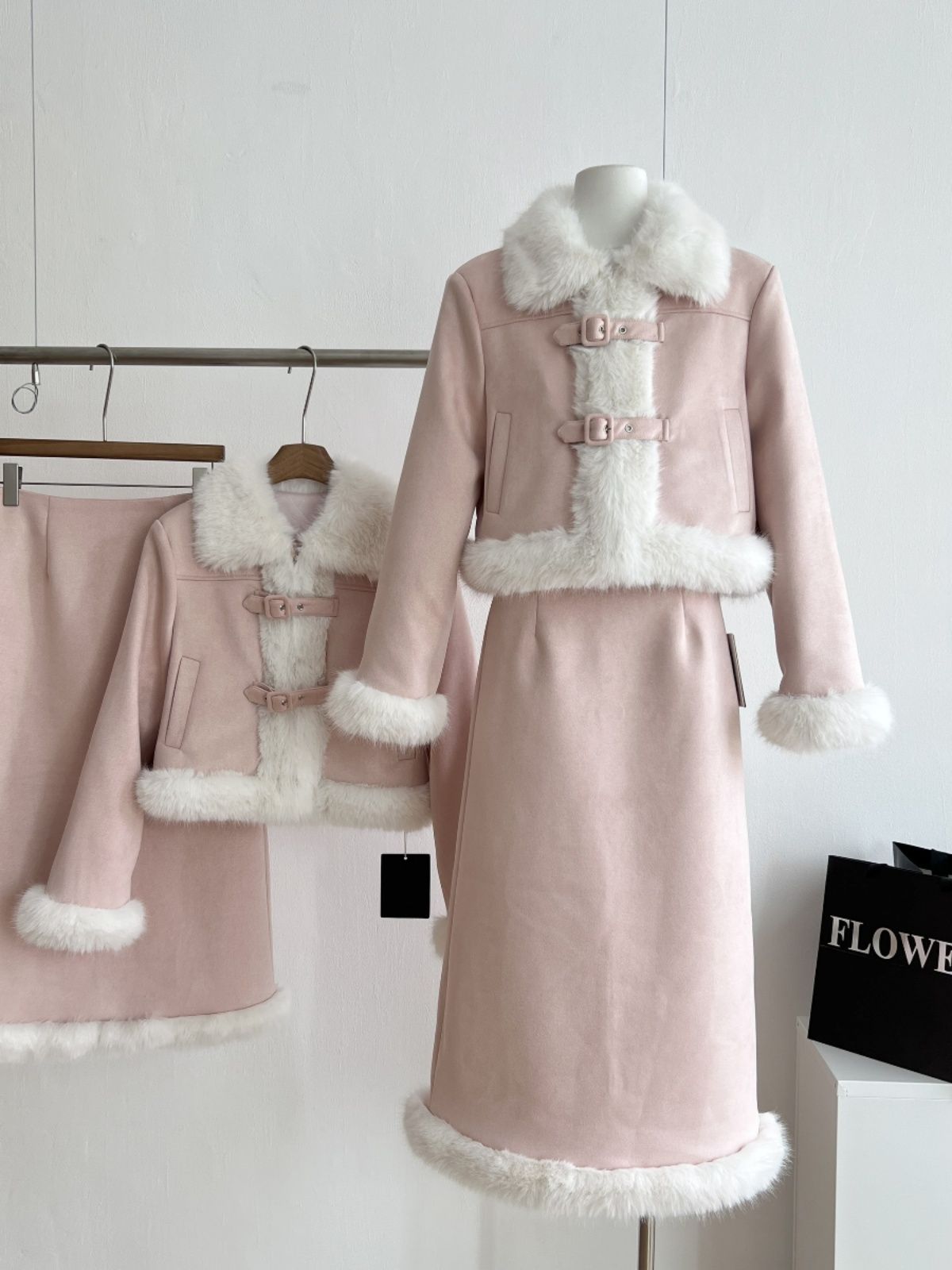 Pink Tweed-Style Two-Piece Set for Women 2026 Winter Outfit