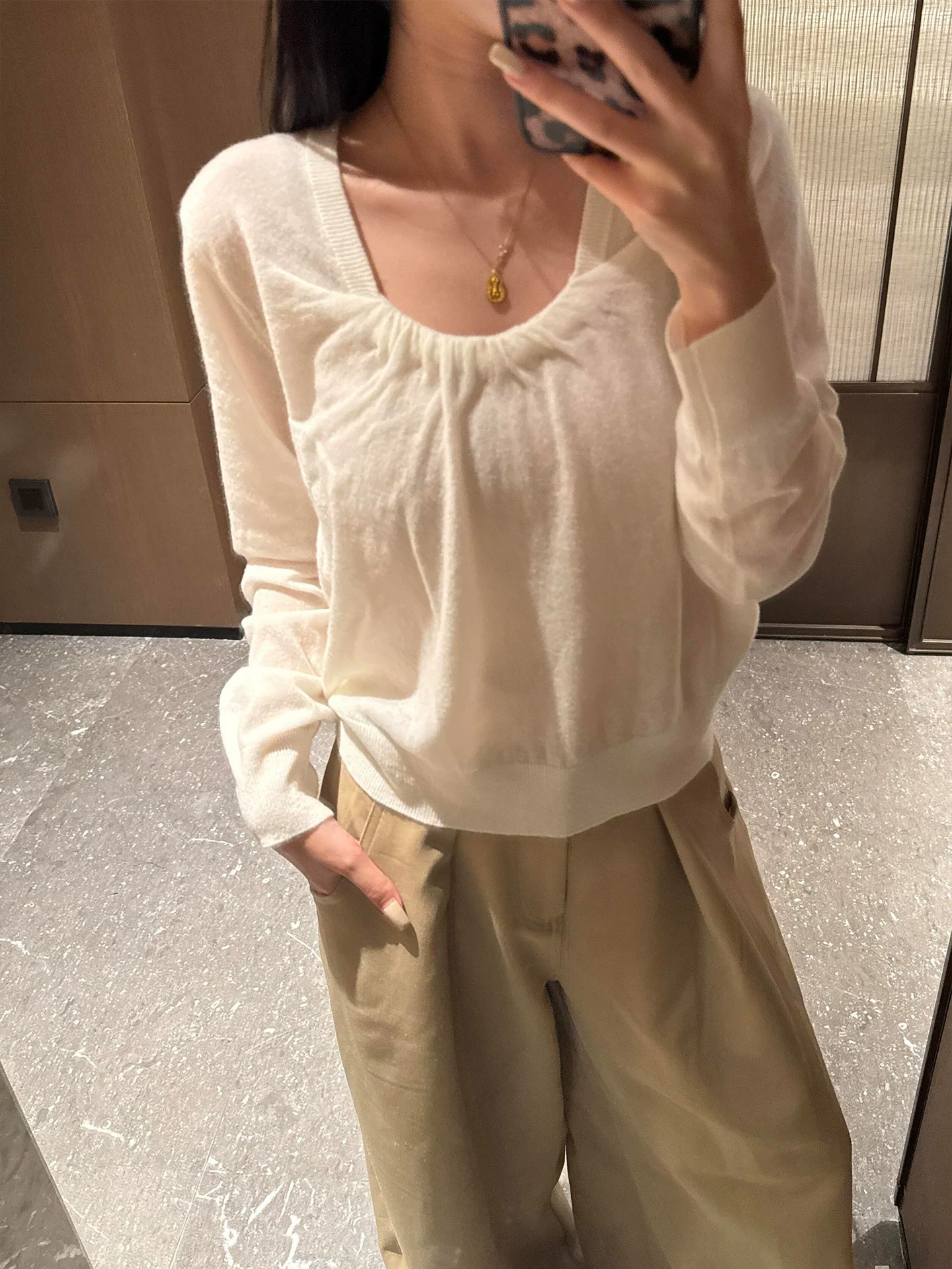 Designer White Ruched Square Neck Long Sleeve Knit Top for Women Early Autumn Loose Slimming - Image 3