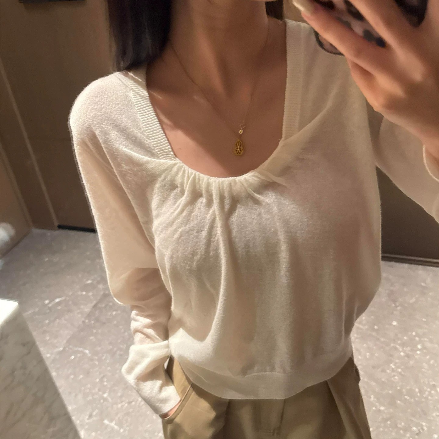 Designer White Ruched Square Neck Long Sleeve Knit Top for Women Early Autumn Loose Slimming - Image 5