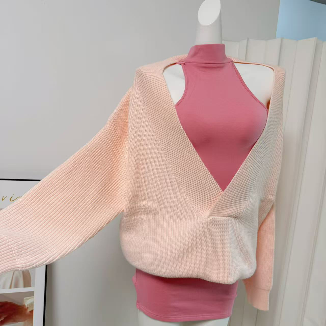 Women's Deep V-Neck Knit Sweater Set Korean Style Soft Warm Slimming Top - Image 3